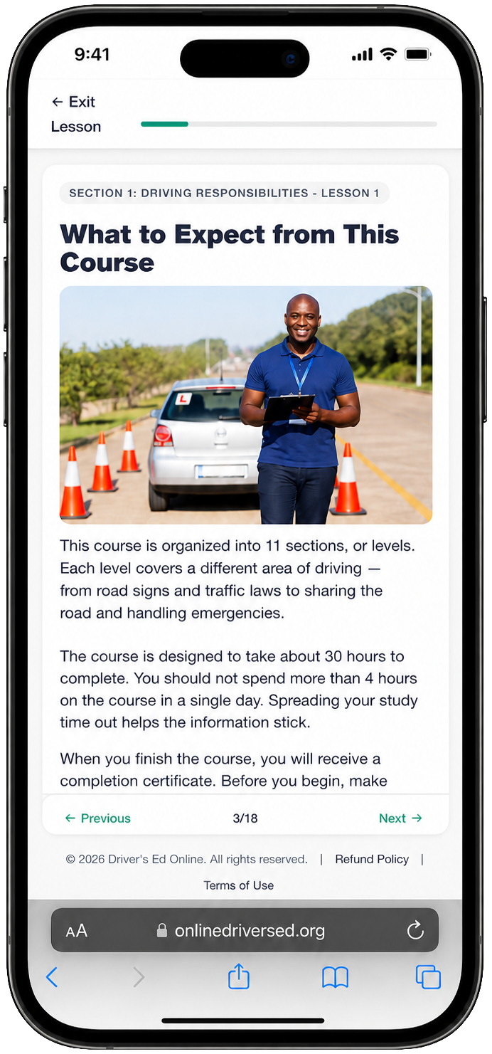 California drivers ed course lesson on mobile phone showing practice test question